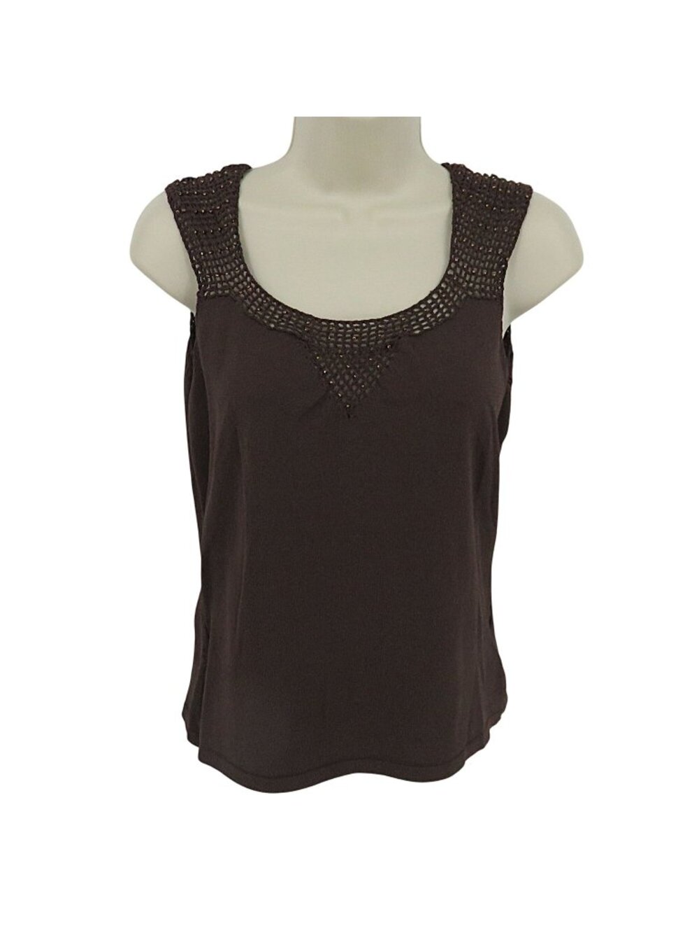 Nine & Company Women Medium Brown Beaded Crochet Shirt Tank Top VTG 90s 1990s